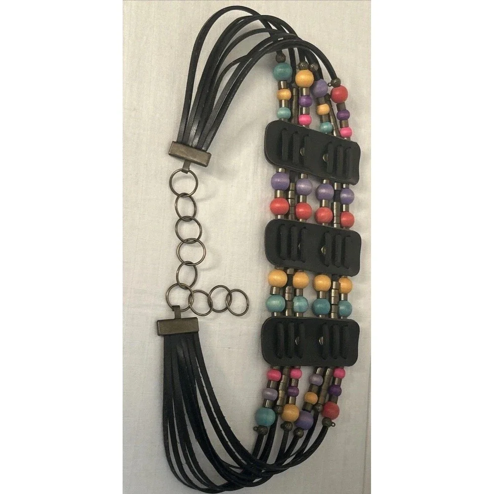 Vintage Wooden beaded belt Adjustable orange aqua blue black Hippie 36” Long